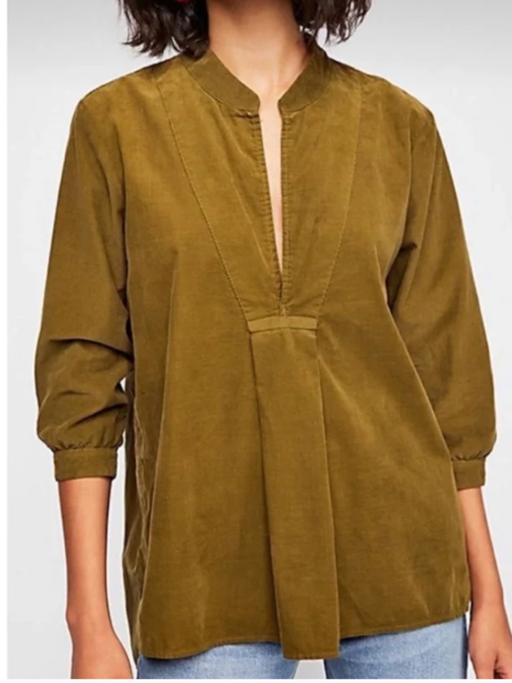CP Shades X Free People Green Corduroy Cotton Three Quarter Sleeve Top
